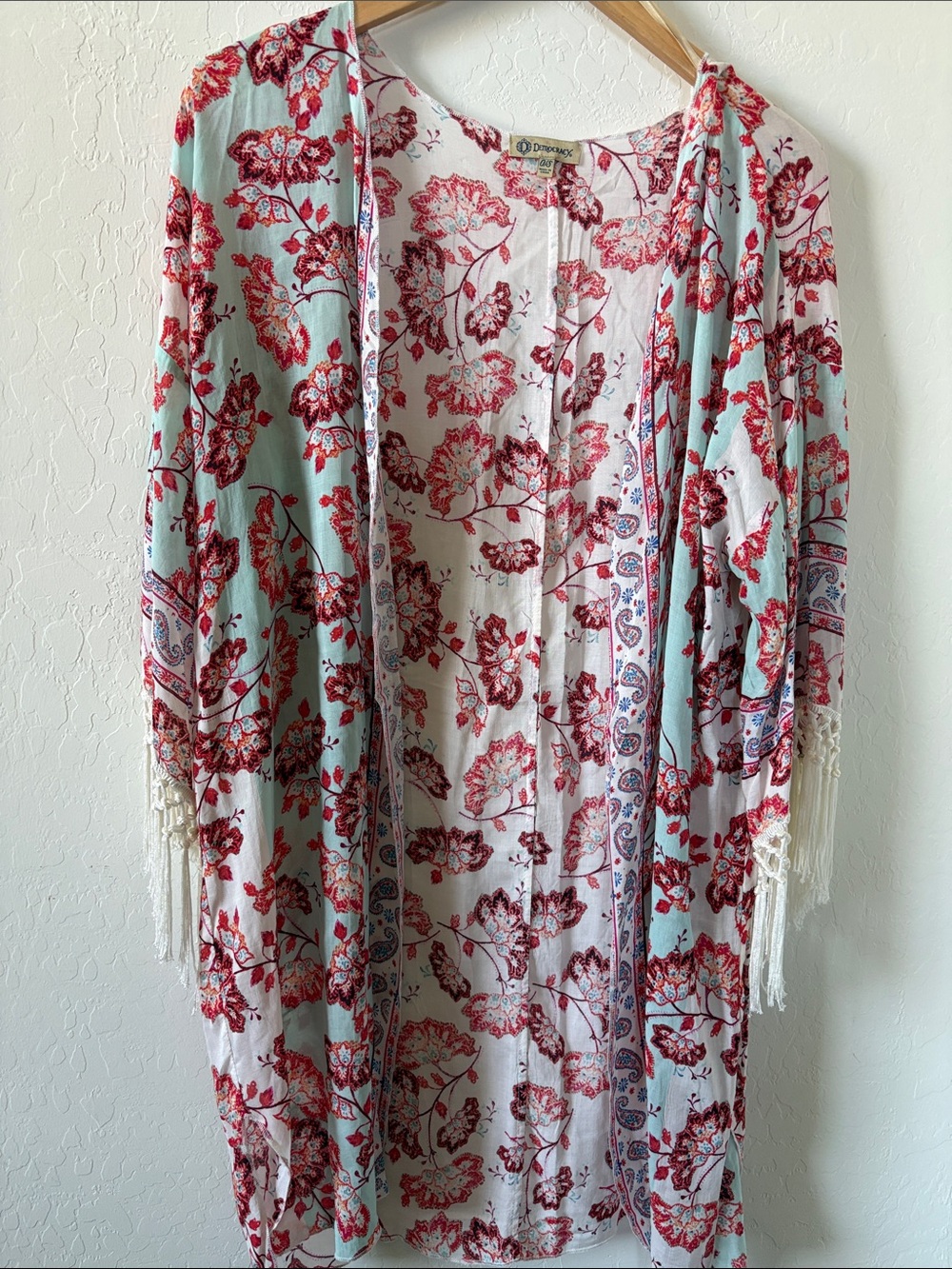 Democracy Red White Boho Top Fringe Floral Shawl Kimono Coastal LightWeight Open